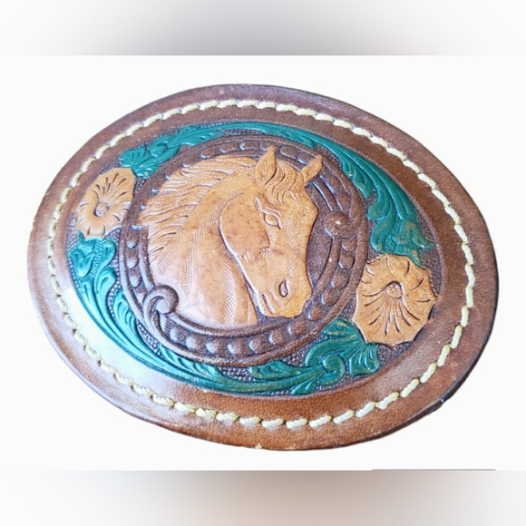 VTG Hand Tooled Leather Wrapper Horse Belt Buckle - Picture 1 of 5